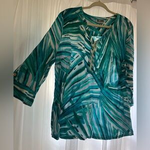 JM Collection Women's Blue Leaf Print Natural 100% Linen Long Blouse Size Xlarge